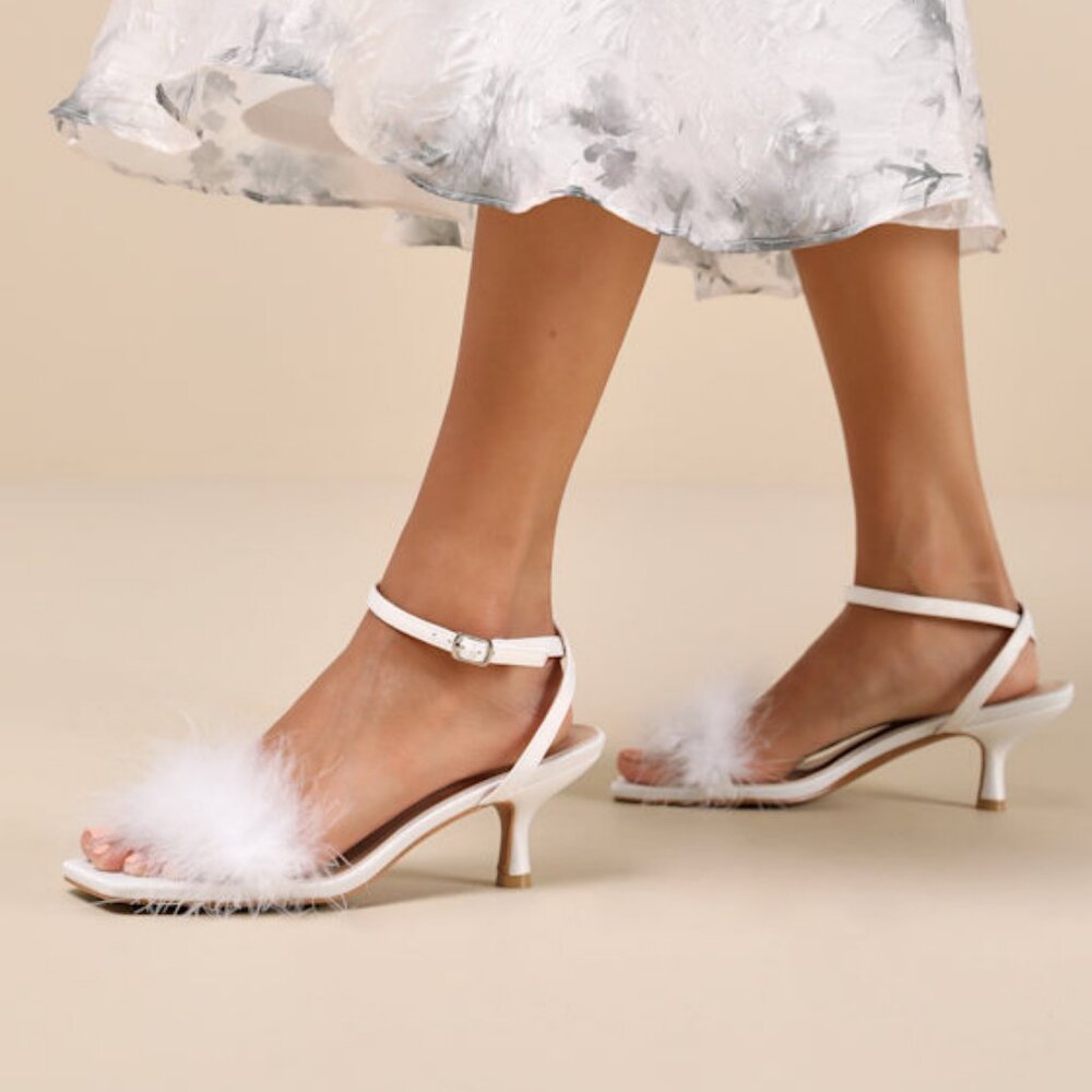 Sabinne White Feather Square-Toe Ankle Strap High Heel Sandals